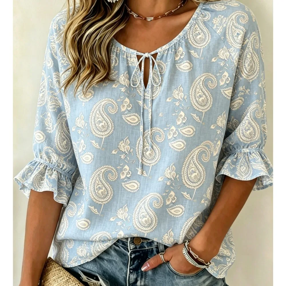 

Women's Light Blue Paisley Print Blouse Tie Neck Ruffle Half Sleeve Casual Loose Top for Beach Vacation Daily Wear