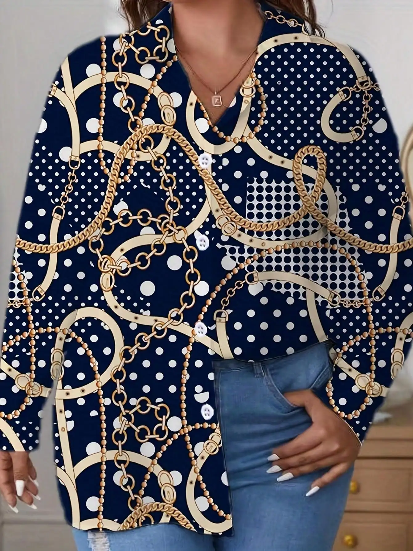 

Женская рубашка с длинными рукавами в стиле ретро в горошек с принтом цепочки, классический нишевый дизайн, модный топ