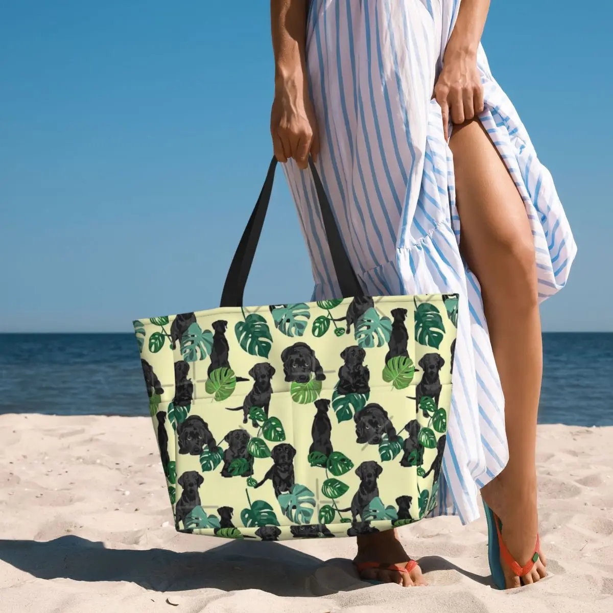 Borsa da viaggio da spiaggia tropicale Labrador nera, borsa da viaggio Shopping retrò regalo di compleanno quotidiano modello Multi-stile