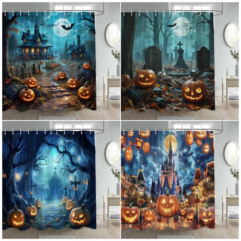 Horror Halloween Shower Curtain Forest Pumpkin Tombstone Bat Night Landscape Home Wall Hanging Bathroom Curtain Decor With Hooks