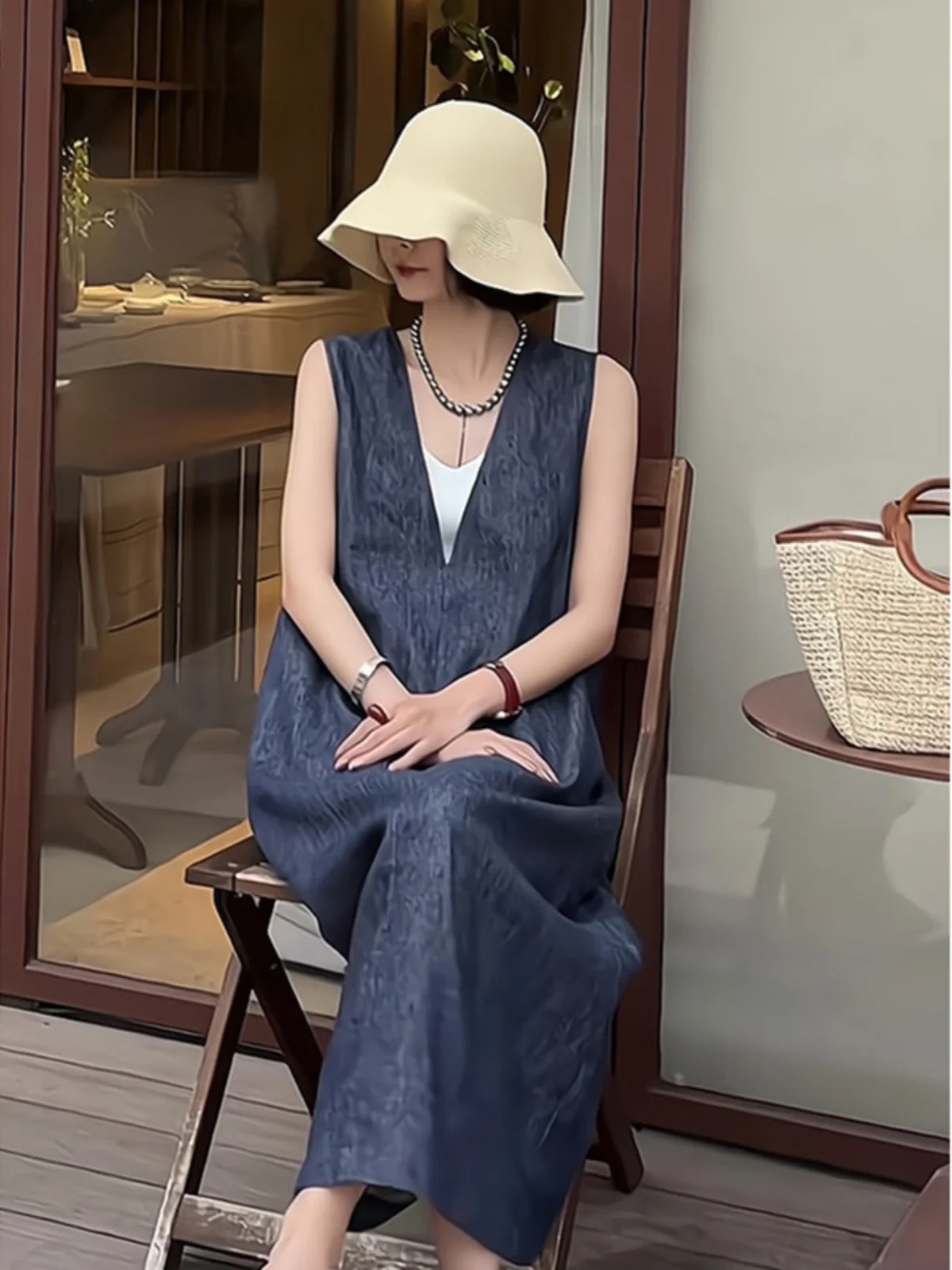 Retro Blue Linen Dr Women's Summer Loose Slimming Casual Holiday Sle Svel Vest Long Dr Casual V-ne Dr
