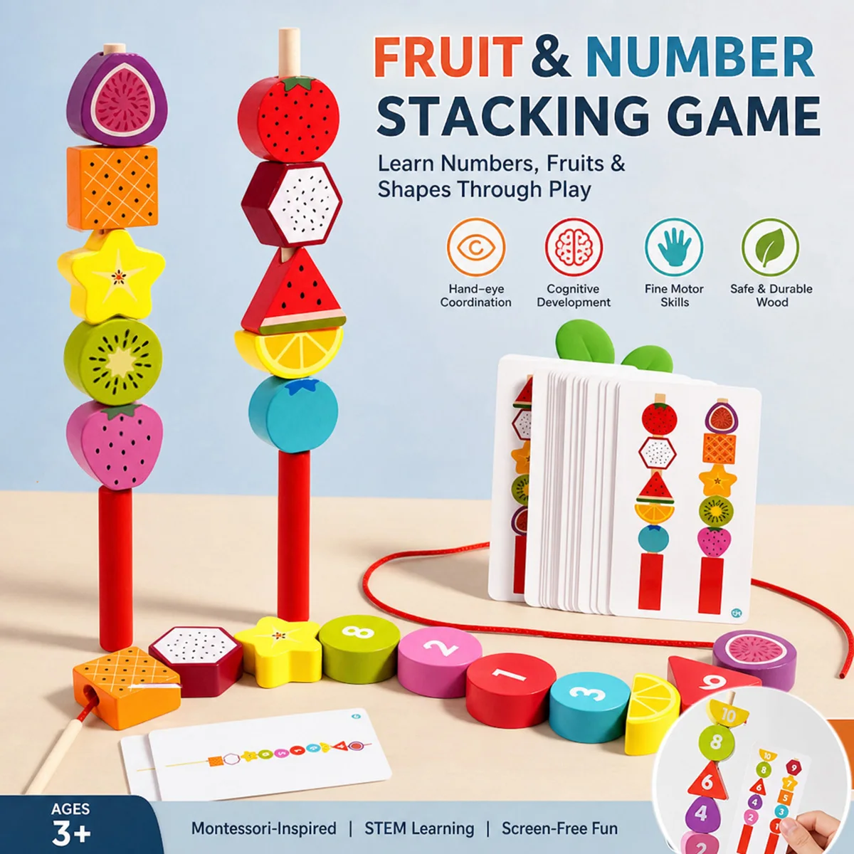 Montessori Wooden Beads Sequencing Set Stacking Blocks Lacing Beads Matching Shape Numbers Fruits STEM Preschool Learning Toys