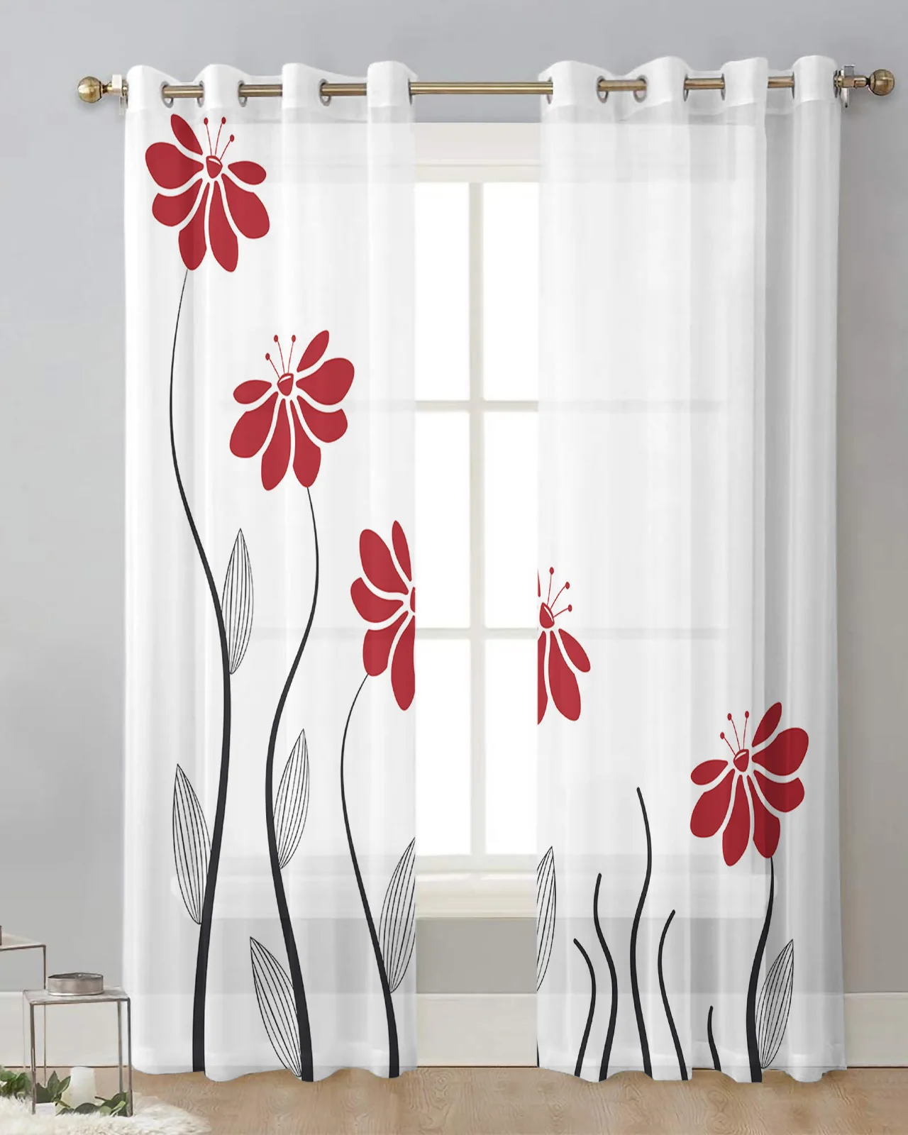 Red Flower Lines Plant Sheer Curtains for Living Room Decoration Window Curtains for Kitchen Tulle Voile Organza Curtains