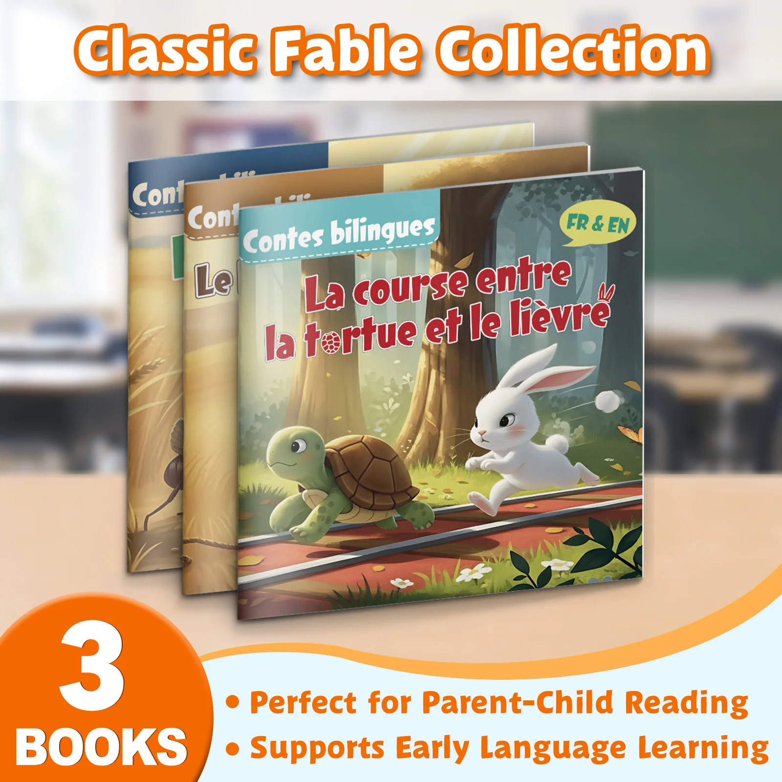 French-English Bilingual Fables 3-Book Set for Kids: Classic Picture Storybooks, Tortoise & Hare, Lion & Mouse, Ant