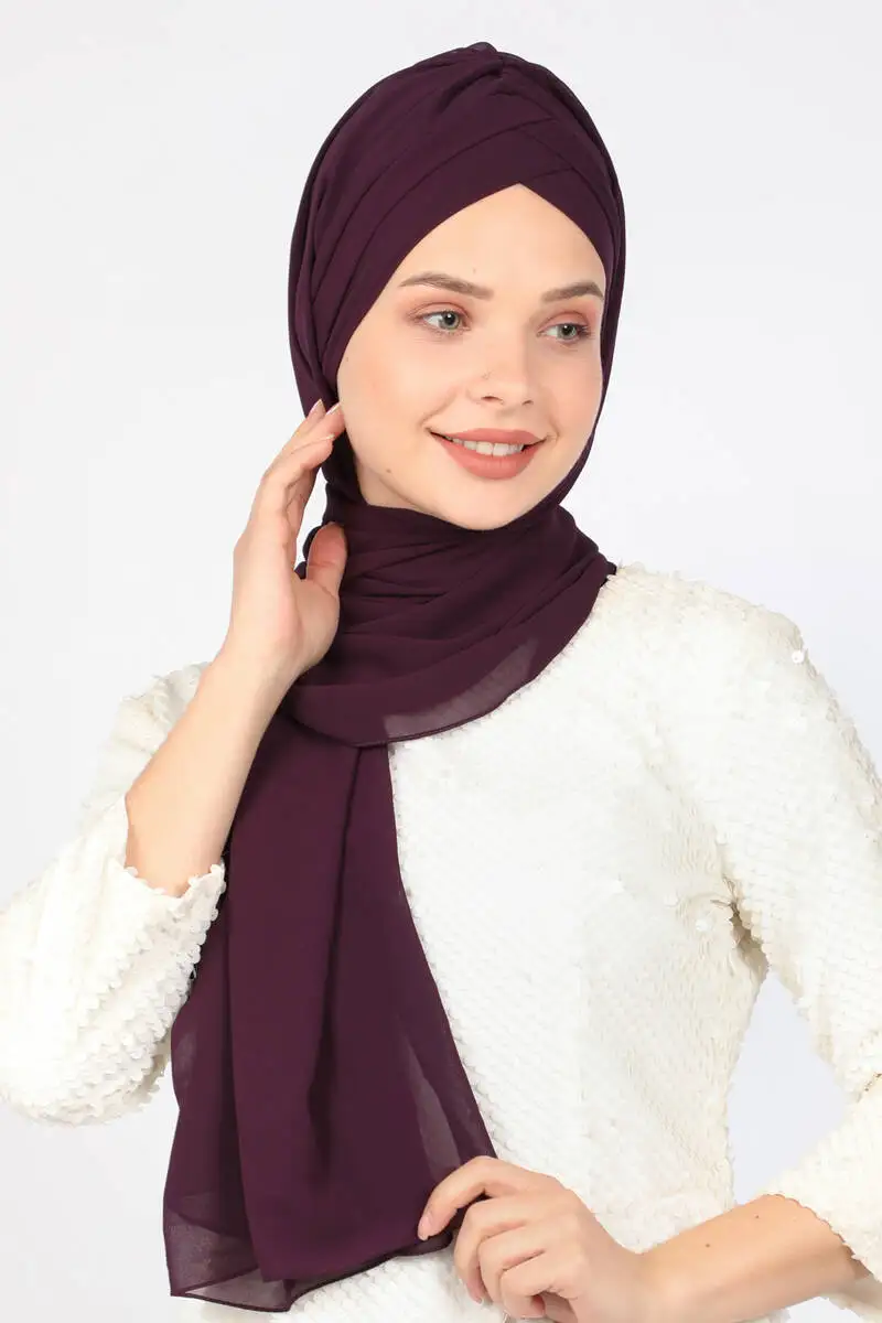 Miray Double Banded Shawl Bone Dark Mürdüm