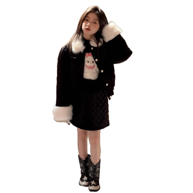 2025 Winter Design Sense New Fashionable Big Hair Lingge Velvet Coat and Short Skirt Two Piece Set