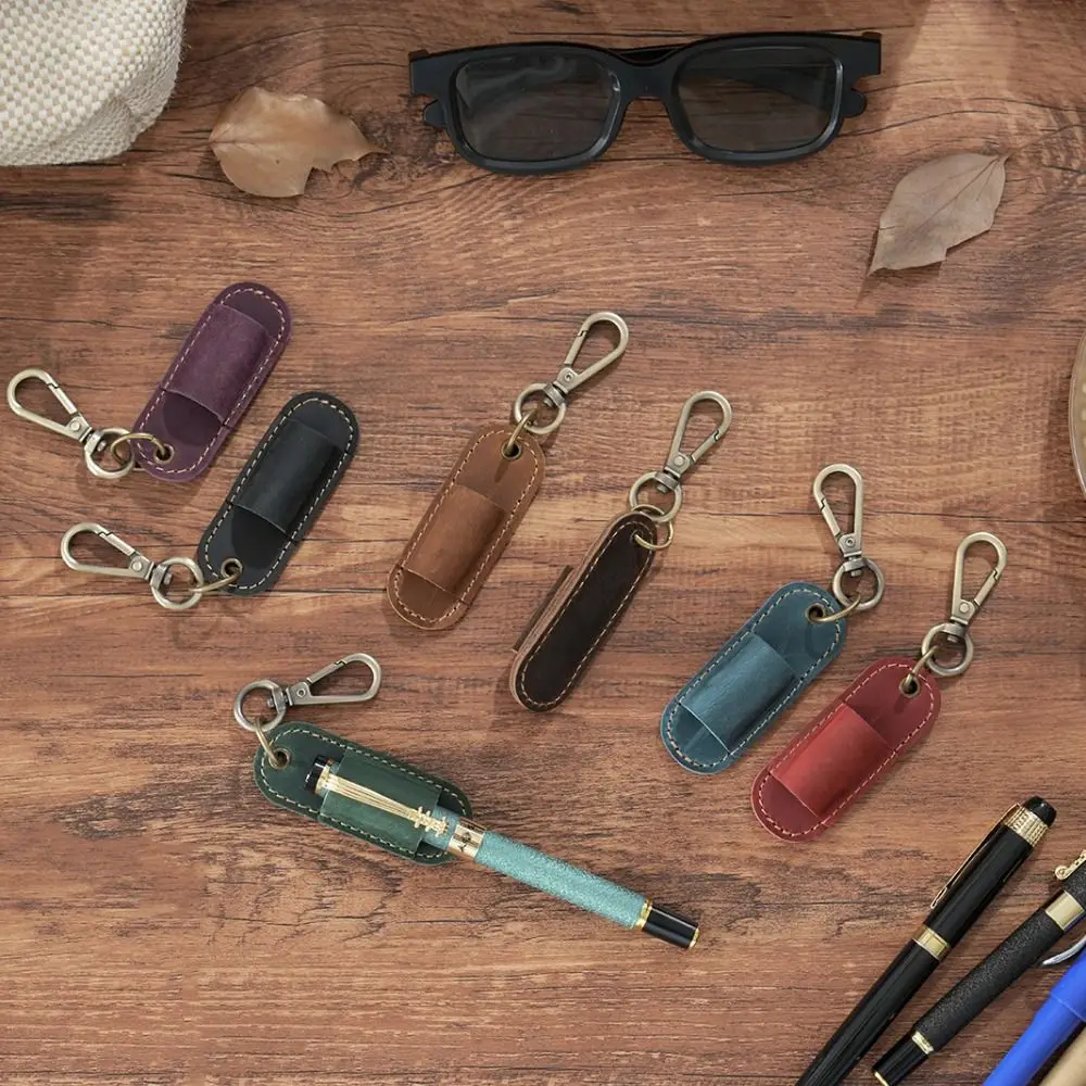 Luxury Genuine Leather Pen Case Portable Removable Pen Tray Pen Holder Keychain 1 Slot Clip Design Pen Pouch Keychain