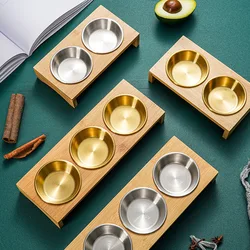 304 Stainless Steel Seasoning Dish Golden Wooden Tray Hot Pot Dipping Bowl Korean Style Divided Round Sauce Saucer Container