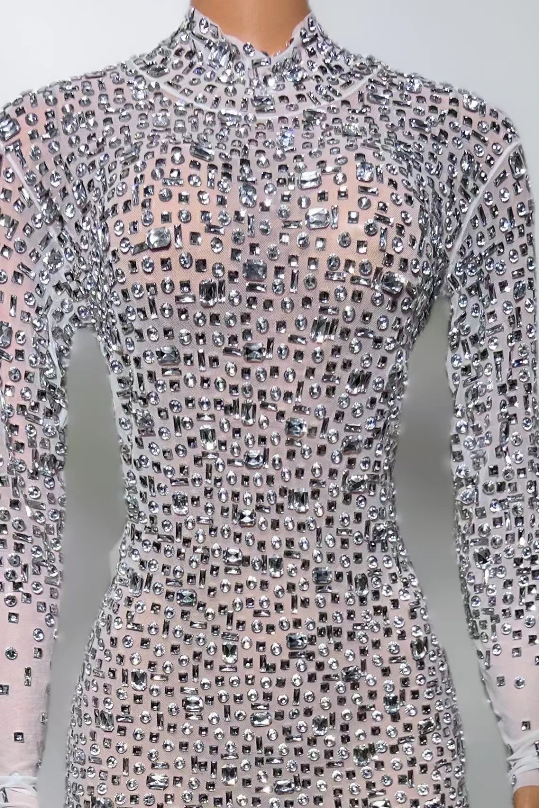 Kostum Panggung Seksi Pakaian Bermain Berlian Imitasi Penuh Jumpsuit Lengan Panjang Pakaian Peragaan Busana Malam Bodysuit Pemotretan Wanita Gesebei