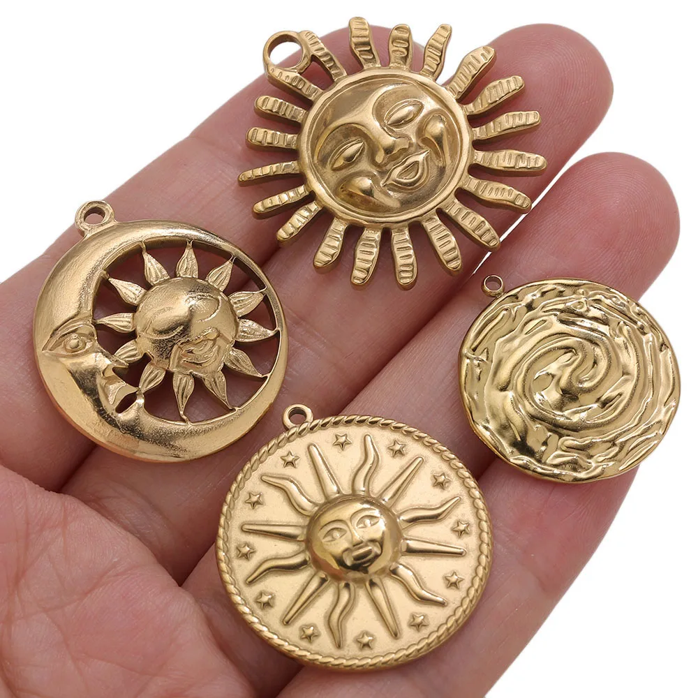5pcs PVD Gold Charms Stainless Steel Sun Charm Vintage Round Embroidery Pendant Findings for DIY Earring Necklace Jewelry Making
