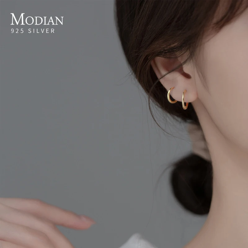 Modian Simple Round Gold Color Hoop Earrings Minimalism 925 Sterling Silver Anti Allergic Earring For Women Fine Jewelry Gifts