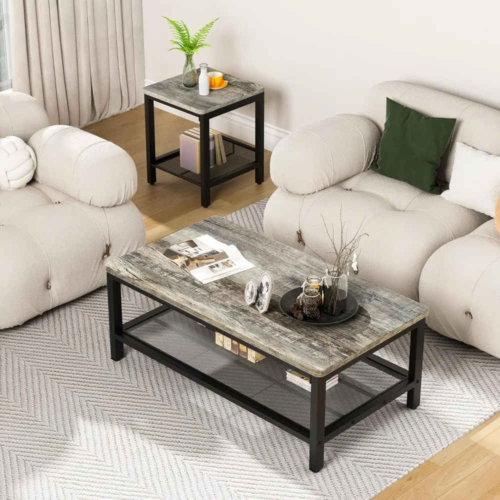 مجموعة أثاث غرفة المعيشة مكونة من 3 قطع على الطراز الصناعي: طاولة قهوة بإطار معدني مع زوج من الطاولات الجانبية المربعة #6