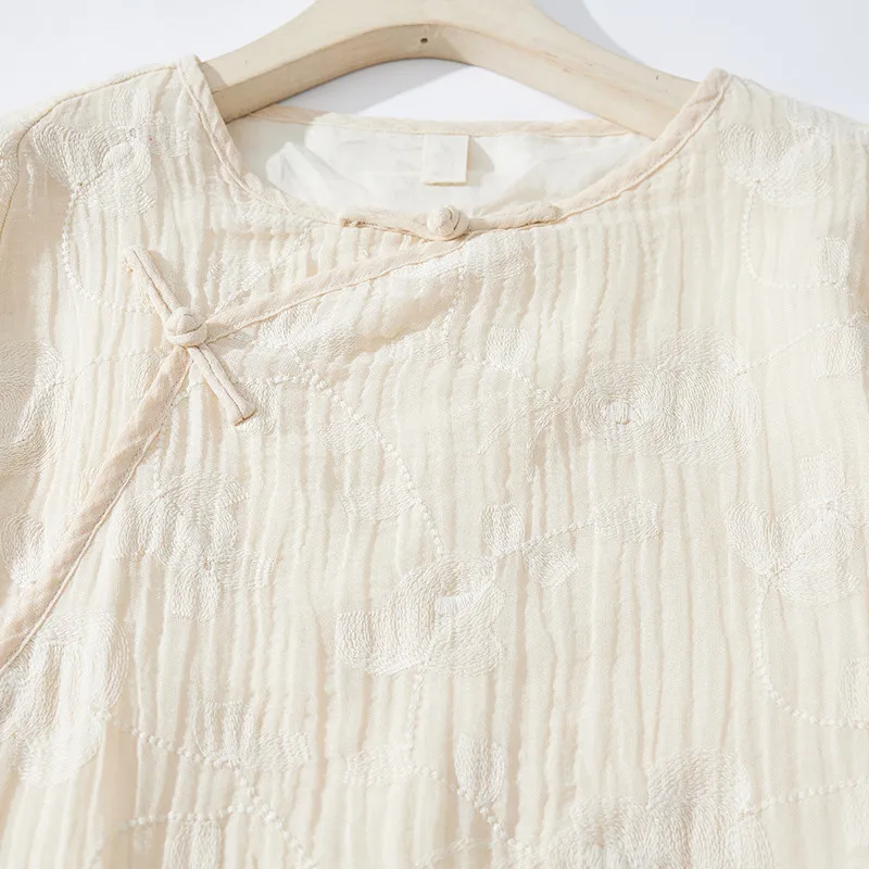 Retro geborduurd katoen Lin Long Sve Dr Slit Design groot formaat dameskleding opstaande kraag Sle Qipao Dr