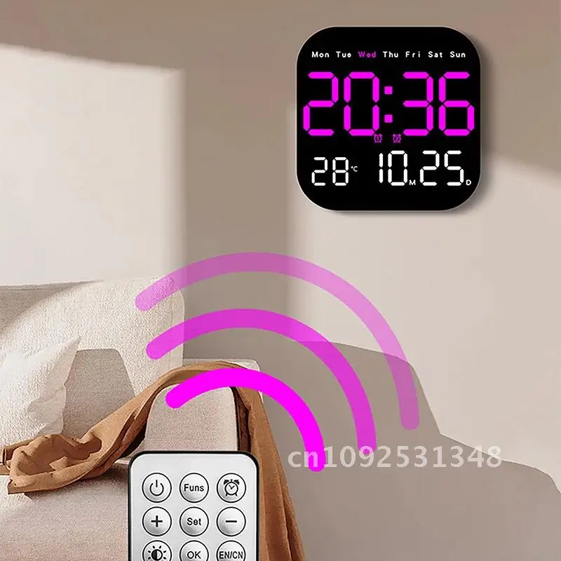 New LED Wall Clock With Remote Control Display TemperatureTime Week And Date Fashion Living Room Desktop Alarm Electronic Clock