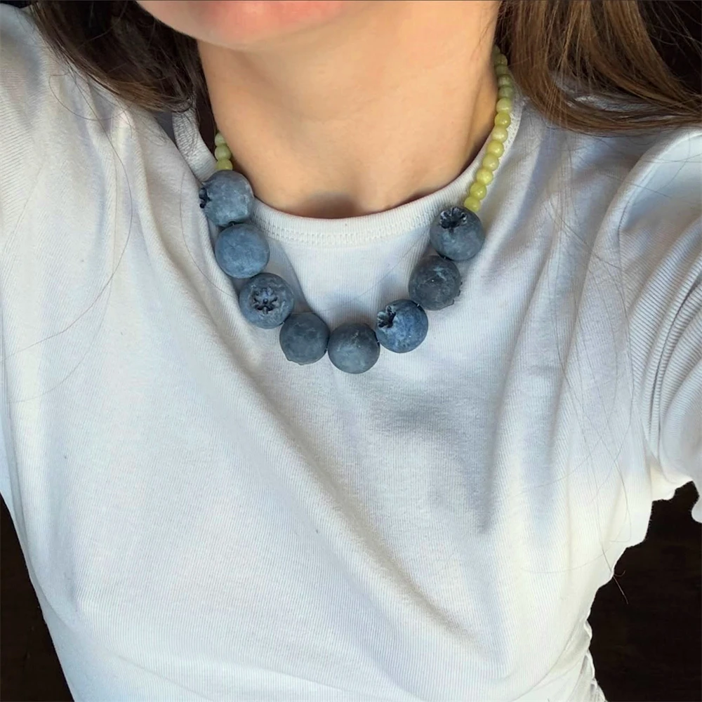 Handmade Apple Beaded Choker Necklace Realistic Fruit Charm 3D Blueberry Necklaces for Women Girls Whimsical Summer Jewelry