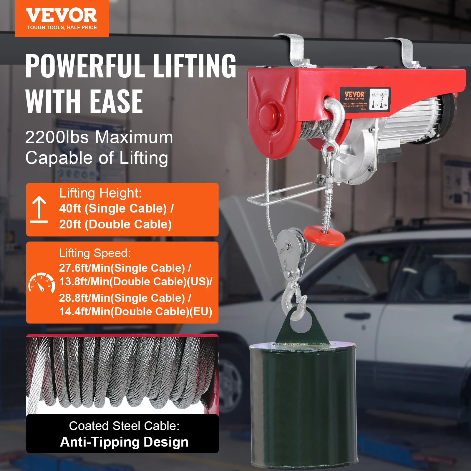 VEVOR 2200 lbs Electric Hoist Single/Double Slings Lift Crane Hoist with Wireless/Wired Remote Control Electric Winch for Garage