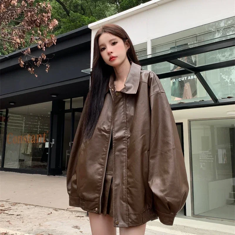 2025 Faux Leather Jacket Women American Vintage Solid Pu Loose Casual Biker Outwear Streetwear Coats Woman