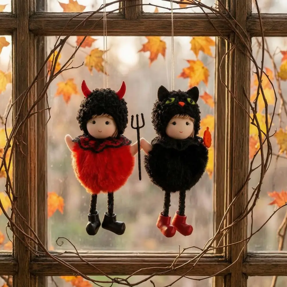 Hanging Halloween Decoration Halloween Hanging Plush Witch Doll with Lanyard Furry Pom Pom Ball Ornament Cute Door for Party