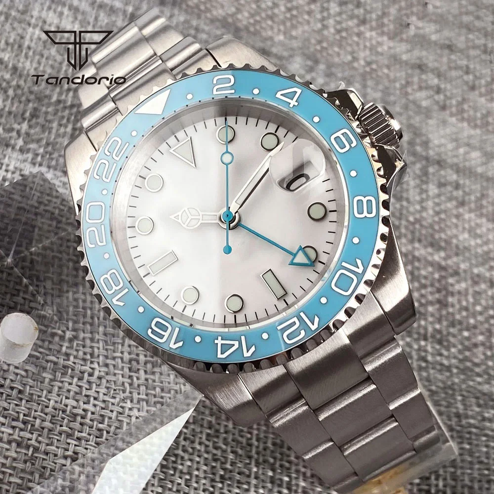 Tandorio Automatic NH34 Stainless Steel Men's Watch Blue 24H Bezel Sapphire Date GMT 40mm Mechanical Dive Wristwatch Luminous