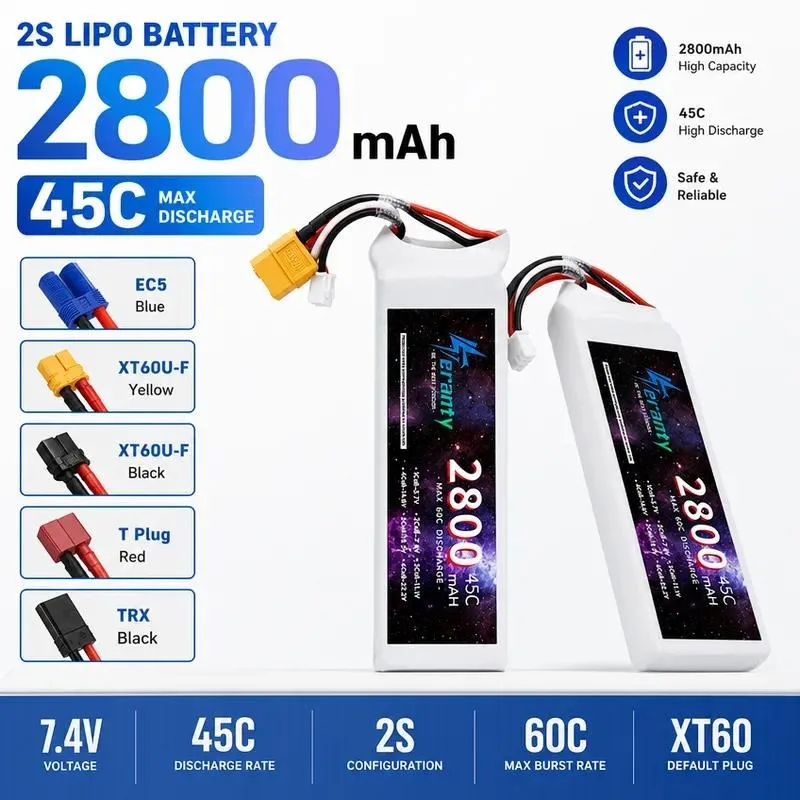 for Drone Model Aircraft 2800mAh 2S 7.4V 45C High Rate Lithium Battery for RC Car Ship Electric Model Toy