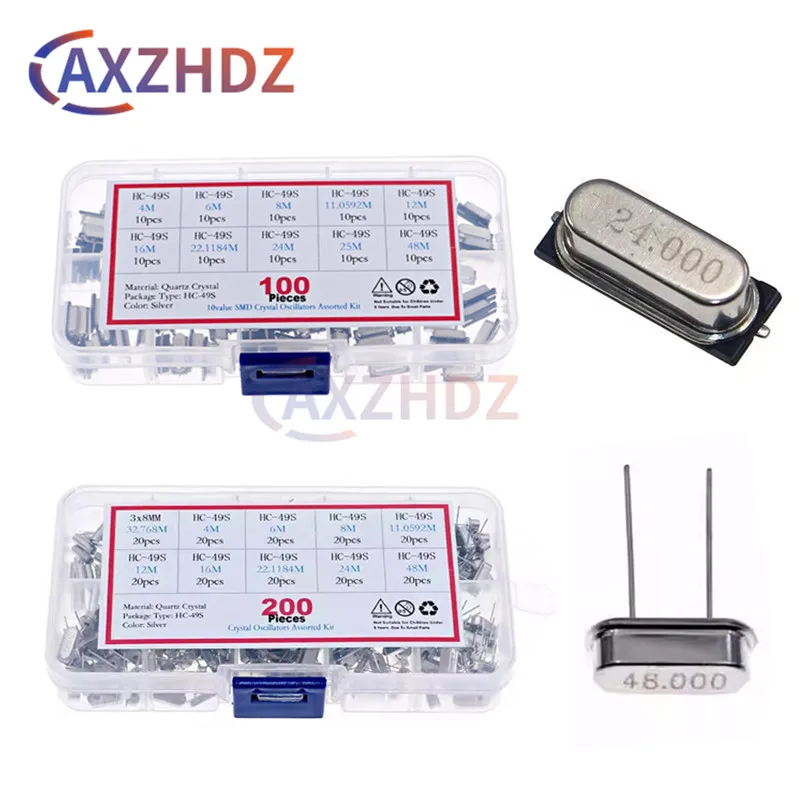 

100/200PCS HC-49S 10Values Quartz Resonator SMD DIP Crystal Oscillator Kit 4MHz 6MHz 8MHz 12MHz 16MHz 24MHz 25MHz 48MHz 2Pin