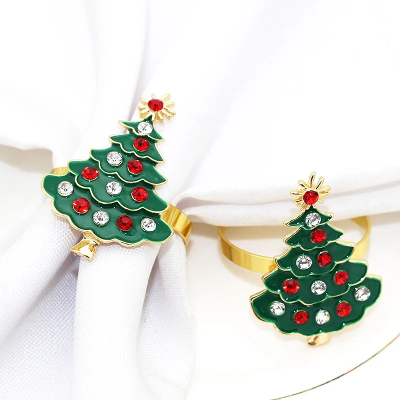 

6pcs new diamond embedded Christmas tree napkin ring napkin ring green tree napkin buckle cloth ring alloy