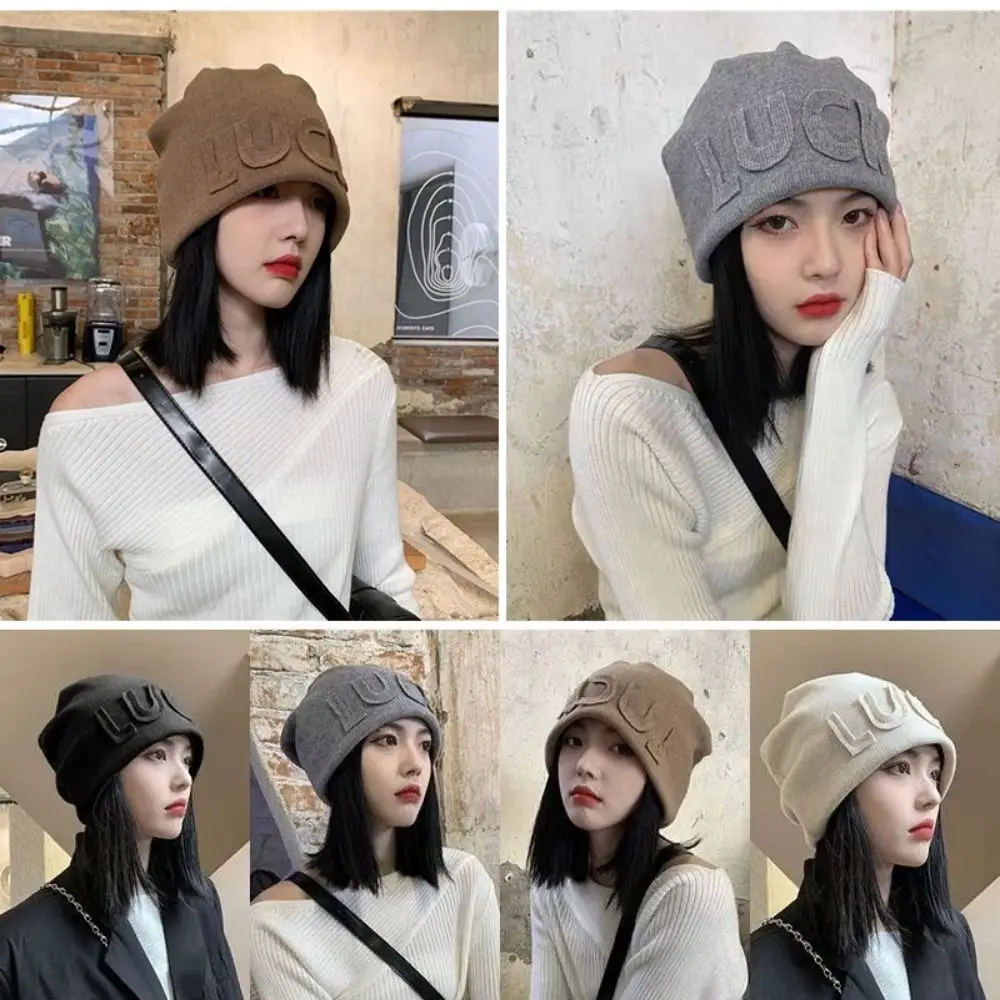 Polyester Fiber Women Beanie Hat Korean Japanese Style Soft Knit Fabric Letter Knit Beanie Letter Embroidery Pull On Hat