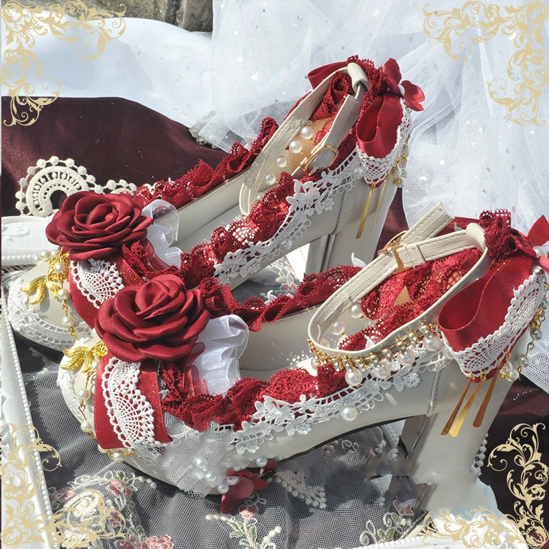 Lolita high heels women Chinese style fantasy rose bow cosplay performance party props summer dress red princess shoes