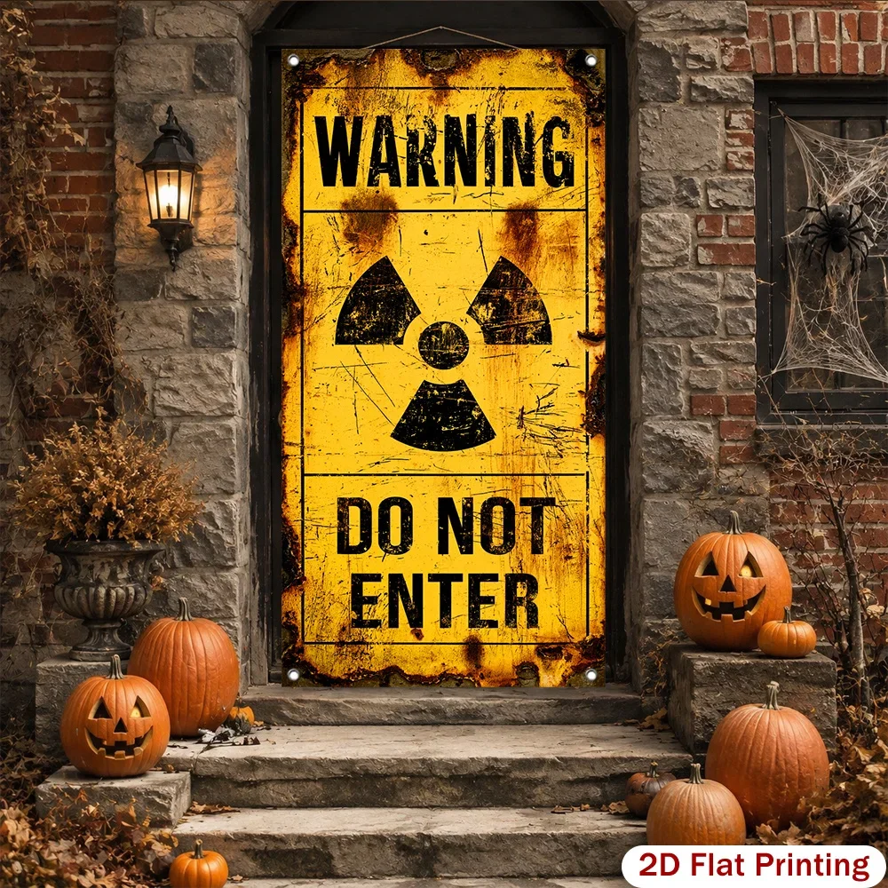 Halloween banner, with yellow radiation warning sign printed on it. Halloween-themed banner with ghost garden decoration.