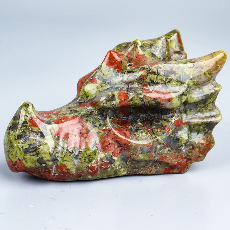 Big Size Natural Unakite Dragon Skulls Figurine, Healing Blue Jade, Hand Craved Animal Statue, Crystal Craft Chakra Decor, 3