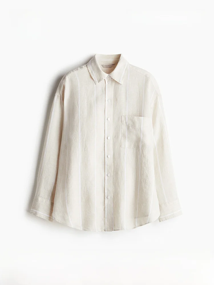 

H&M Summer New Women's Wide Shape Linen Shirt Casual Style Long Sleeve Button Design Pure Color Loose Fit Ladies' Shirt