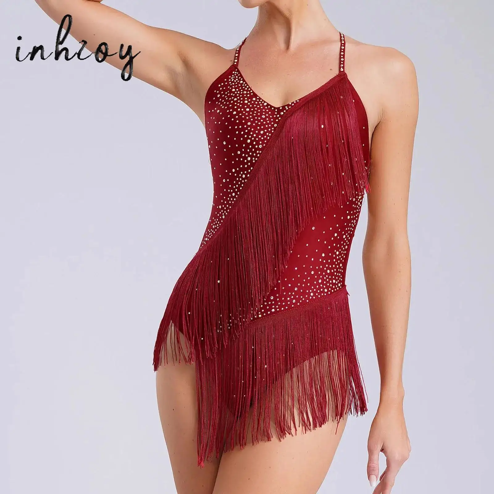 

Womens Latin Dance Dress Competition Costumes Sling Fringe Skirt Shiny Rhinestones Tango Cha-Cha Salsa Skating Leotard Dress