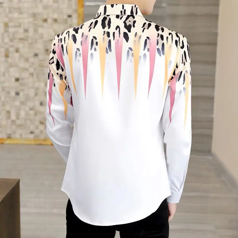 Personality Spring Long Sleeves Nightclub Handsome Korean Printing Flip Collar Color Collision Fashion Casual Affordable Tops