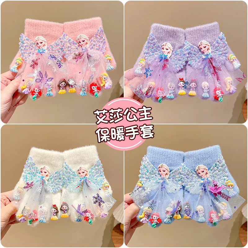 1PCS Elsa Handschuhe Mode Niedlichen Schmetterling Einfarbig Warme Winter Weiche Gestrickte Volle Finger Handschuhe Kleinkind Kind Anti-kälte