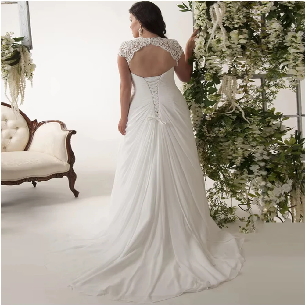 Customized Cheap Plus Size Wedding Dresses Stock Cap Sleeve V-neck Lace Applique Chiffon Beach Dress Vestido Bridal Gown