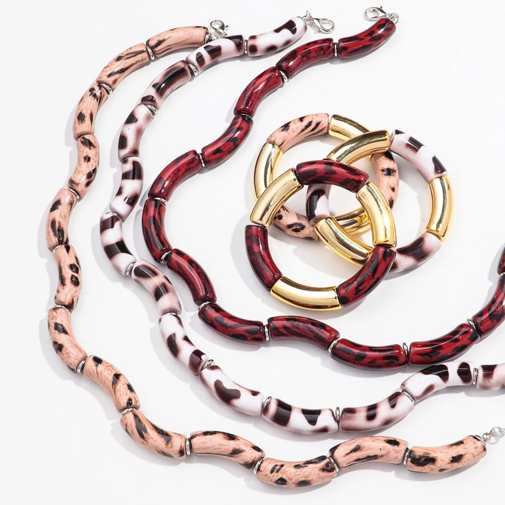New Trend Acrylic Leopard Printing Chunky Bamboo Bracelets for Women Resin Elastic Tube Beads Necklace 2024 Fashion Jewelry