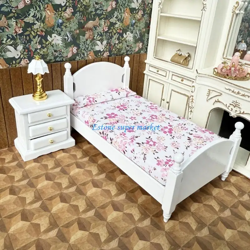 

090B Children Pretend Play Wooden Doll Bed With Fabric Bedding Nightstand Miniature Furniture Doll House Bedroom Scene Setting
