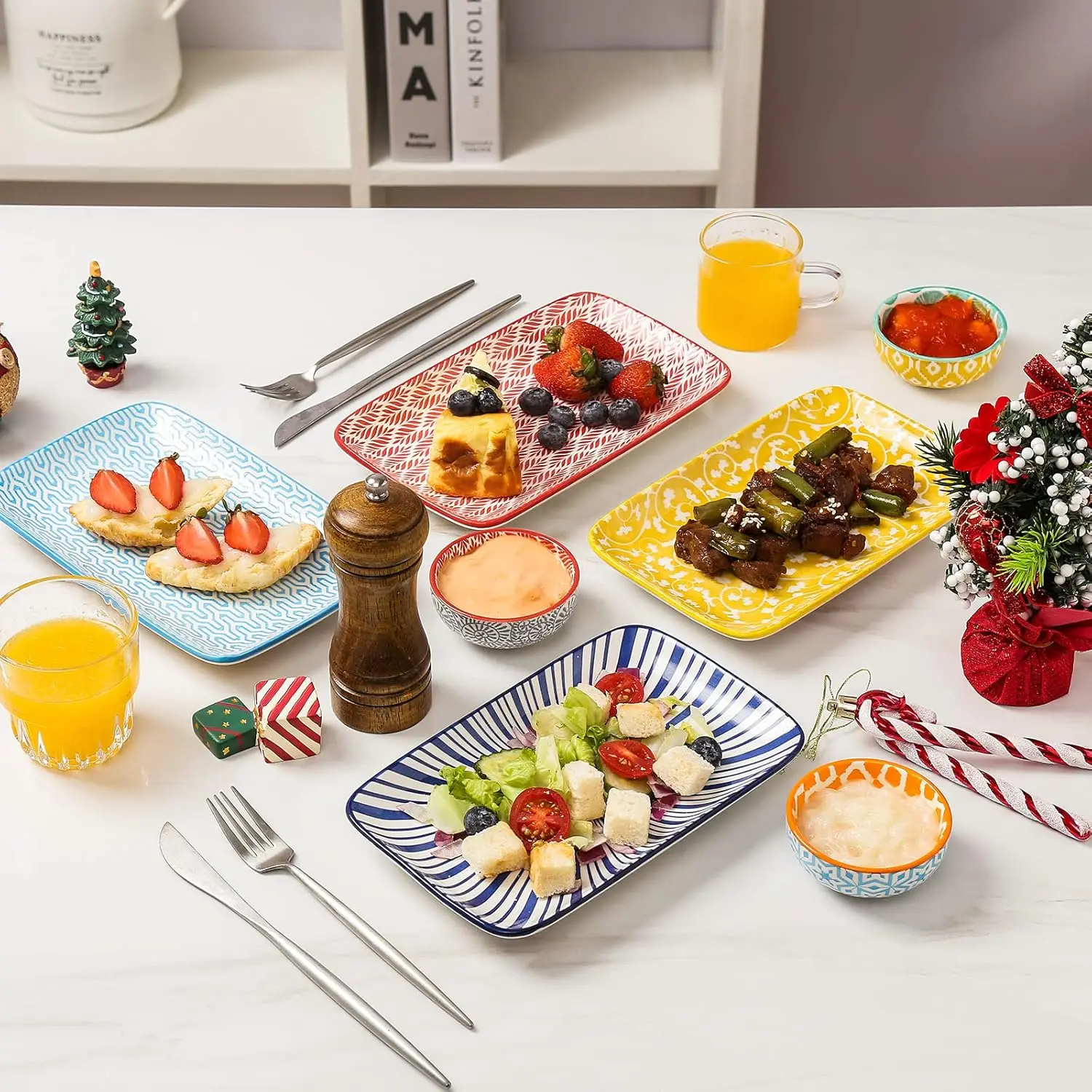 Rectangular Serving Platter, 8 inch Ceramic Dinner Plates Serving Trays Set of 6 for Salad, Appetizers, Sushi, Fruit, Microwave