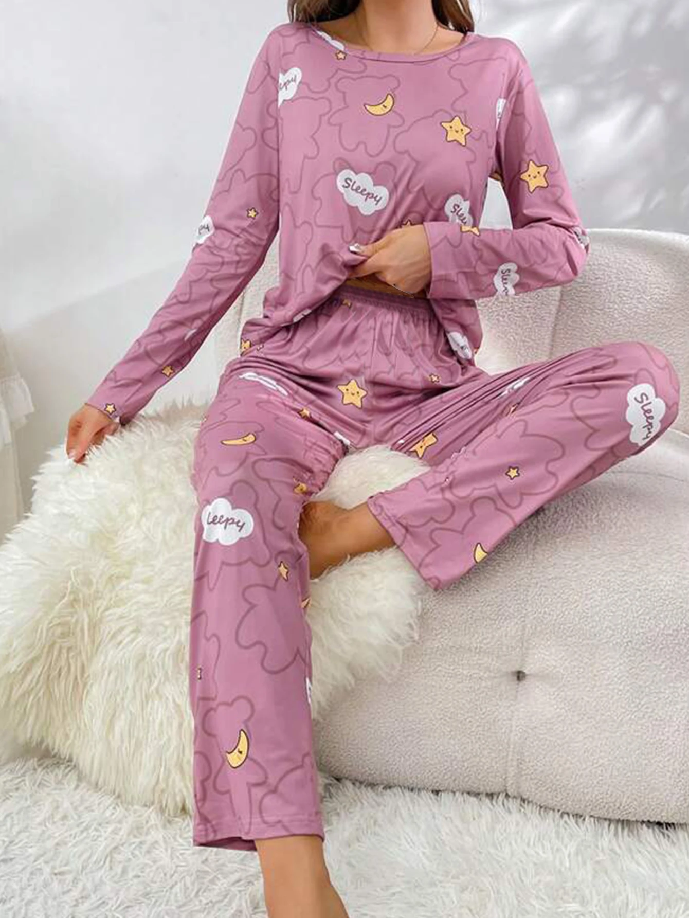 Set pigiama donna Cloud Moon Star Print manica lunga girocollo Top pantalone elastico con maschera per gli occhi pigiameria da donna Loungerwear