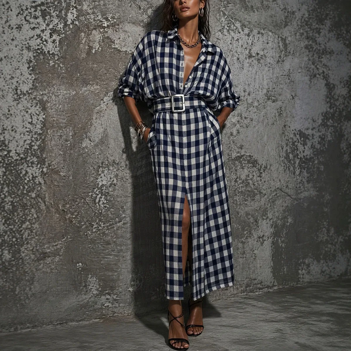 Boho Plaid Dress with Belt, Bohemian Casual Pocket Dresses for Spring Summer