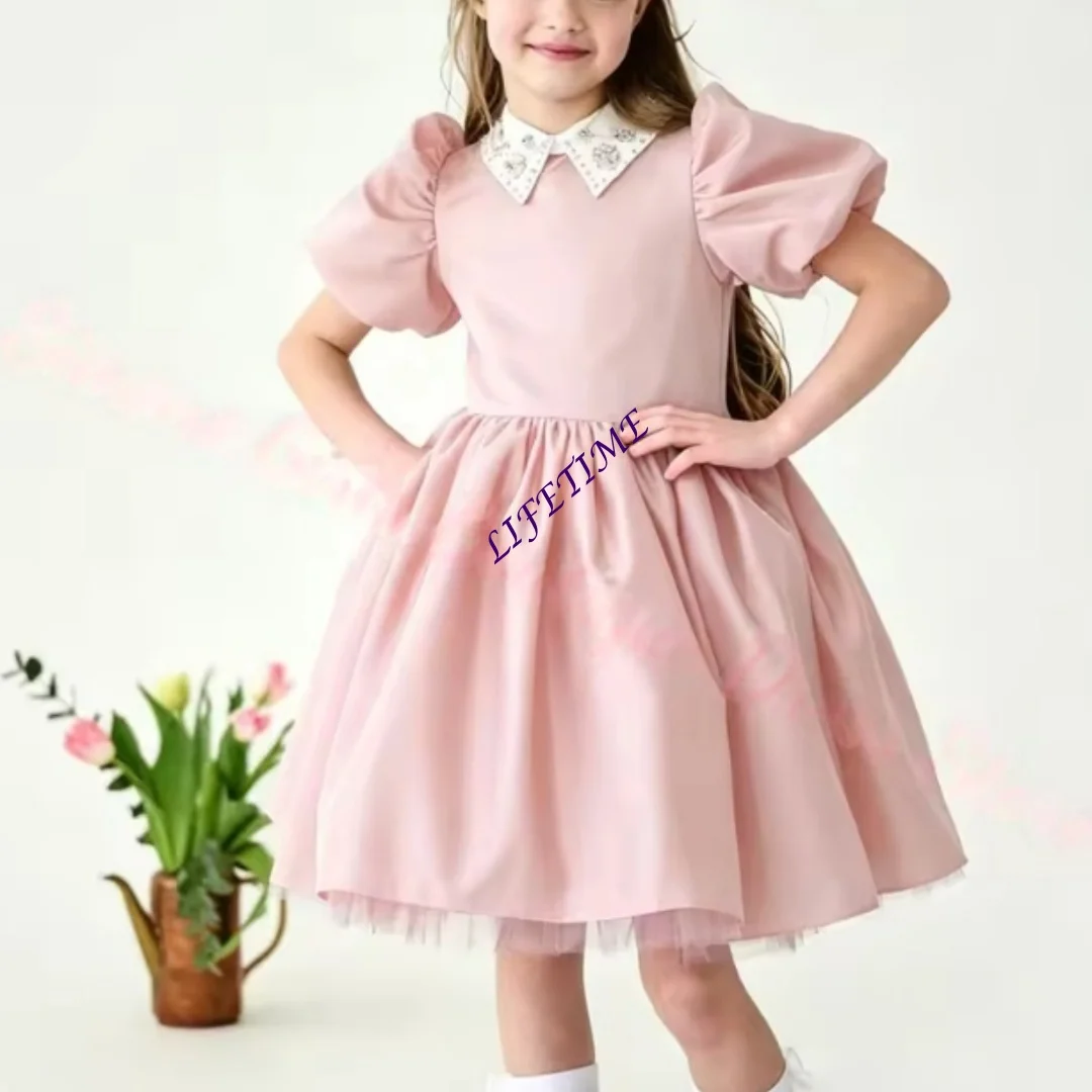 Customised Lovely puff sleeve Flower Girl Dress Fluffy Blue Satin for Wedding Little Girls Birthday Party Banquet Princess Gowns
