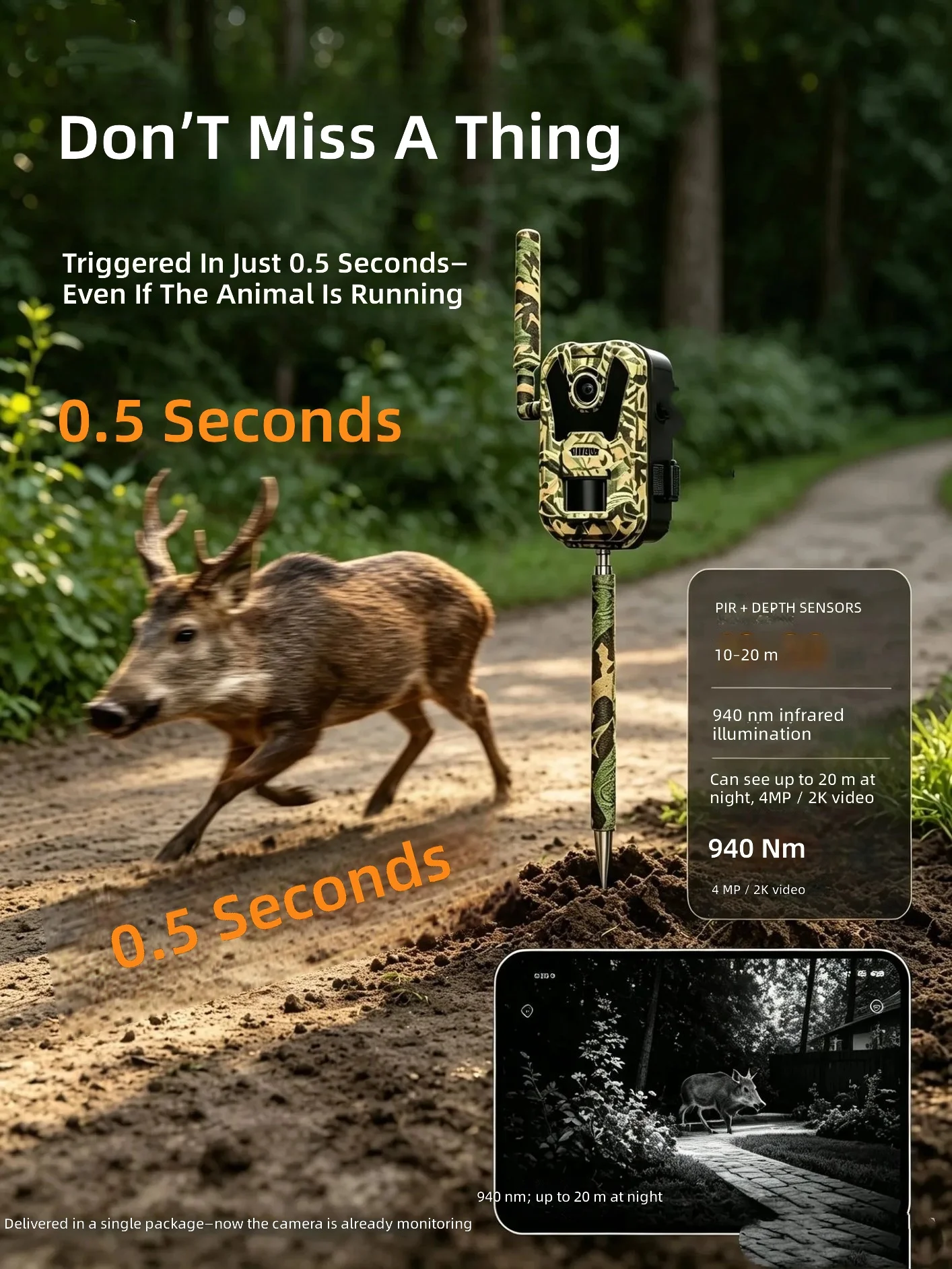 Trail Camera with Ground Stake Mounted 4G EU Solar Power Game Camera Hunting Cam with 2 Way Installing