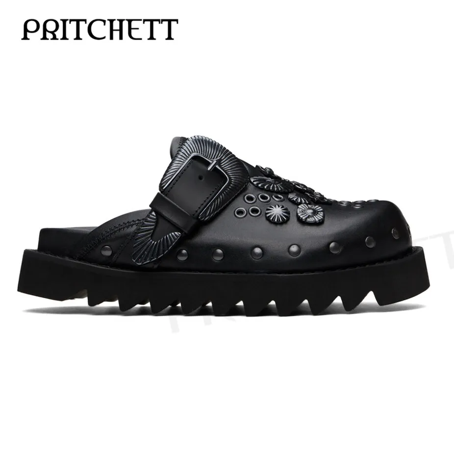 Black and White Belt Mule Buckle Slippers with Color Matching Round Toe Thick Soles Retro Rivets Casual Fashion Sandals for Men