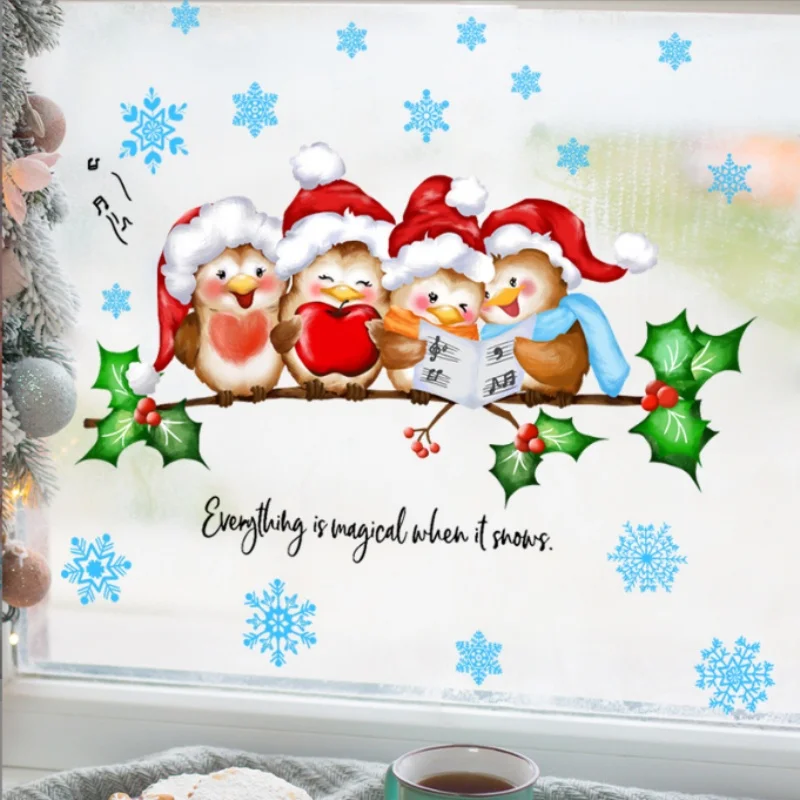 Christmas Tree Branches Wall Stickers with Small Animals And Snowflakes 30x60cm Home Background Wall Beautification Decorative