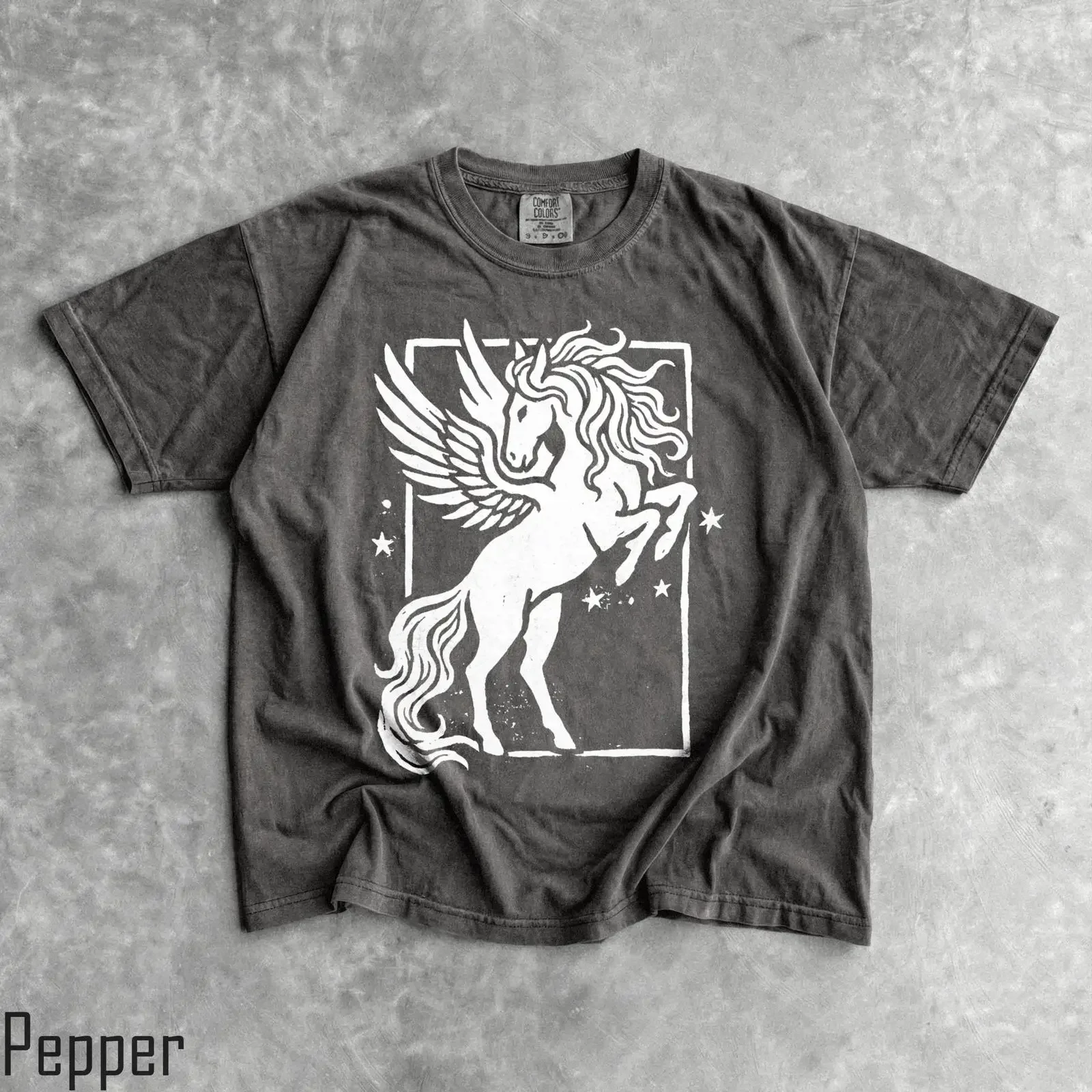 Vintage Washed Pegasus Linocut T Shirt Grunge Fantasy Retro Goth Casual for  vintage Washed Unisex Soft designer clothes