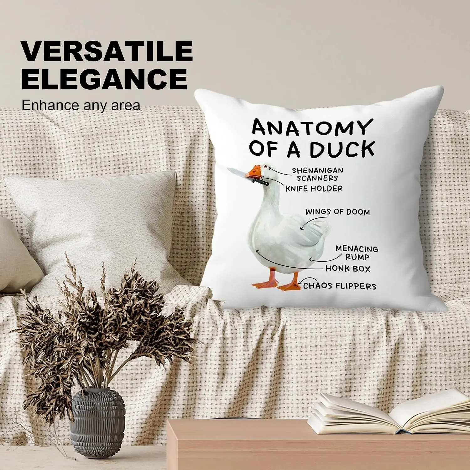Funny Duck Anatomy Throw Pillow Cover Novelty Bird Print Decorative Accent Cushion for Home Decor Gift