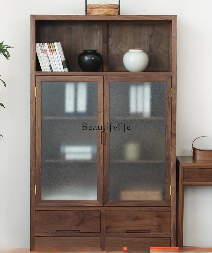 

New Chinese Style Solid Wood Storage Floor Glass Display Black Walnut Wooden Locker