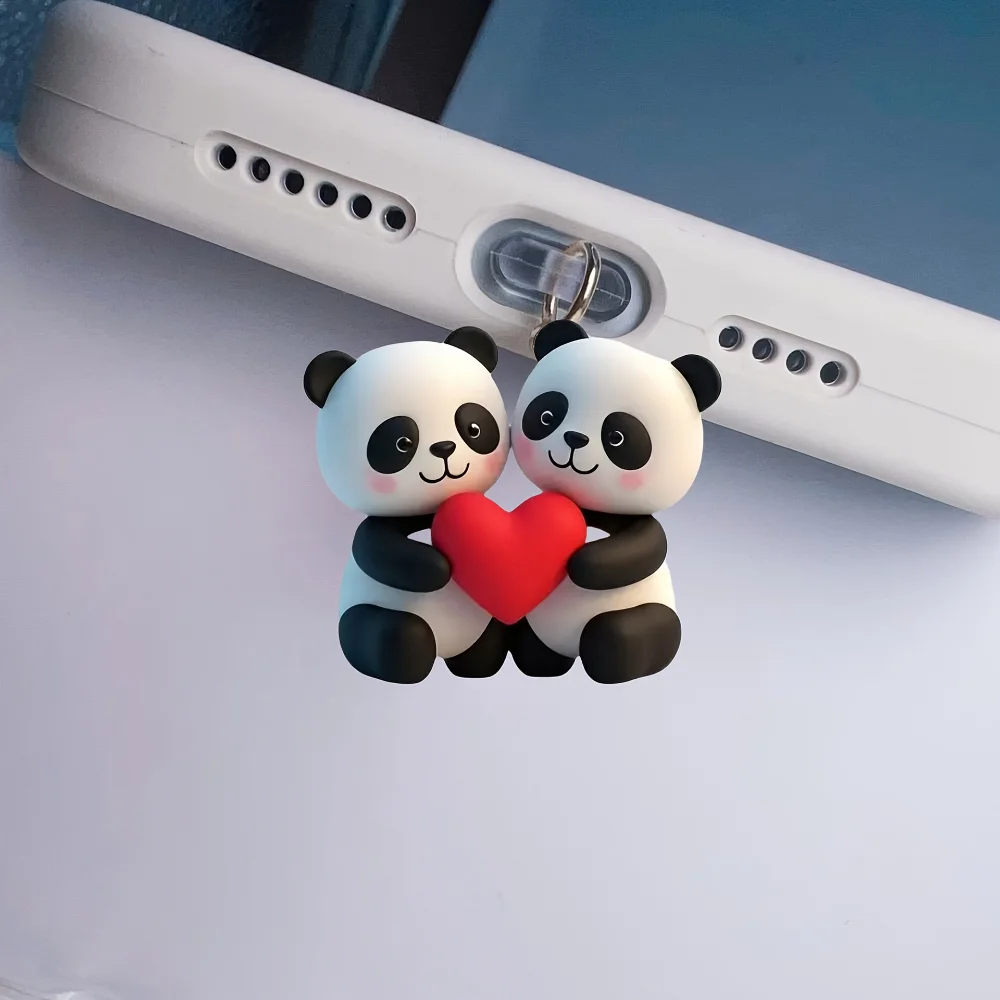 1 Pcs Cute Couple Panda Design Dust Plug 2D Acrylic Phone Dust Stopper Pendant for iPhone Type-C Charger Port Cover Anti Dust