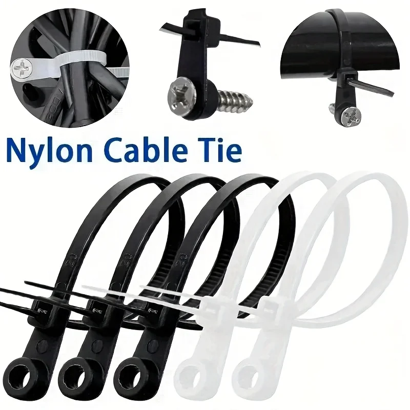 200pcs Creative Nylon Cable Ties with Screw Mounting Holes, Self-Locking Loop Strapping, DIY Office Cable Harness Organizer