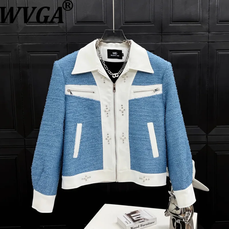 

WVGA Spring Autumn New Man Tide Diamond Patchwork Trendy Short Jacket Niche Chic Casual Tweed Sequin Zipper Coats Ins Y2K W12306